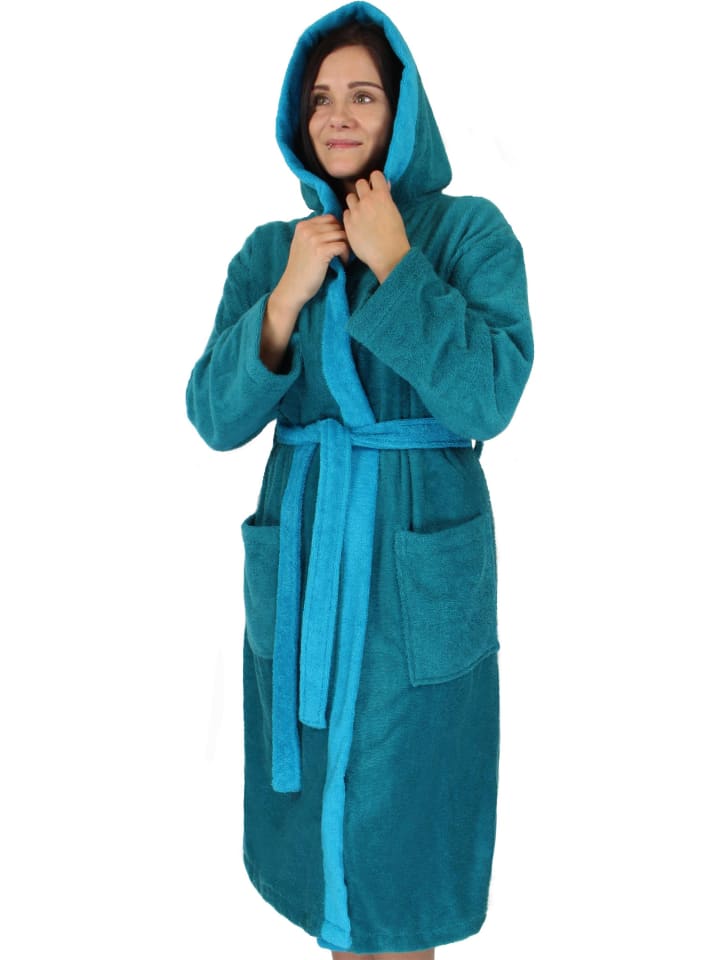 Damen Baumwoll-Bademantel mit Frottee, zweifarbig - OEKO-TEX® 100 in Petrol/Türkis