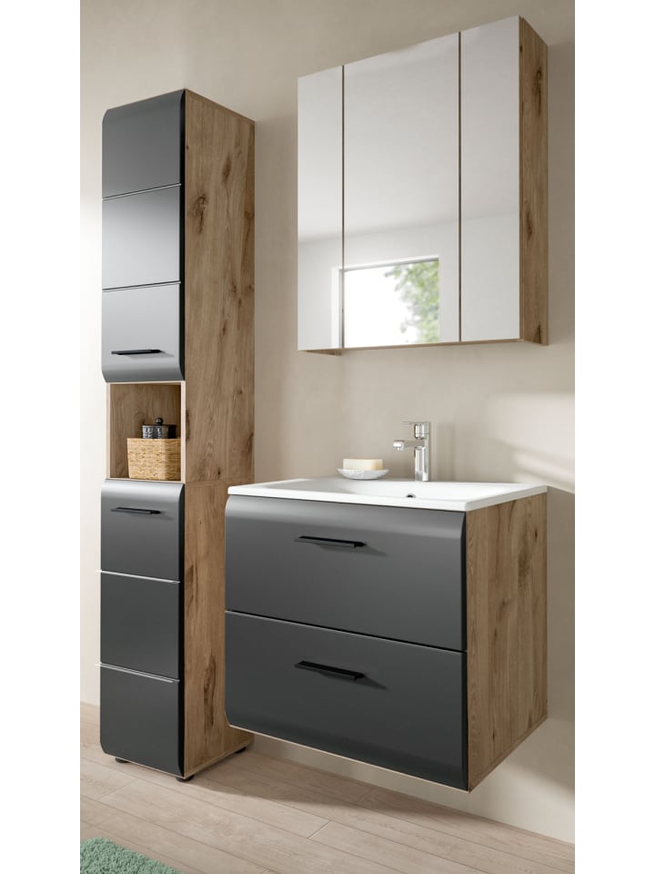 Badmöbel-Set 3-teilig schwarz matt, Eiche 105 cm, Komplett-Set mit Waschbecken