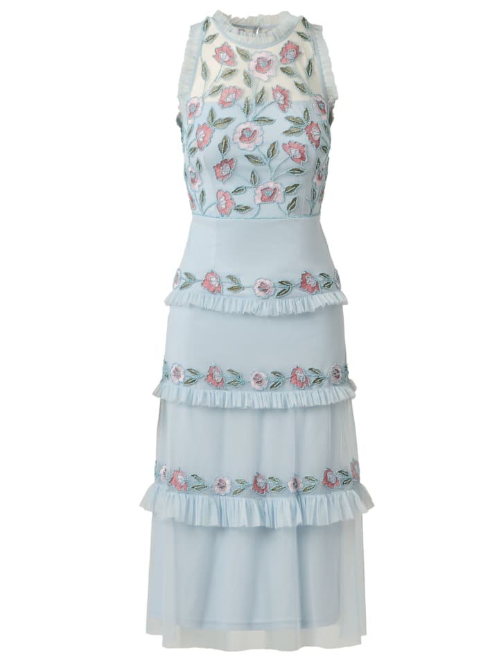 Cocktail Kleid Ruffle Bead Mesh Midi Dress in Elegant Sky Multi