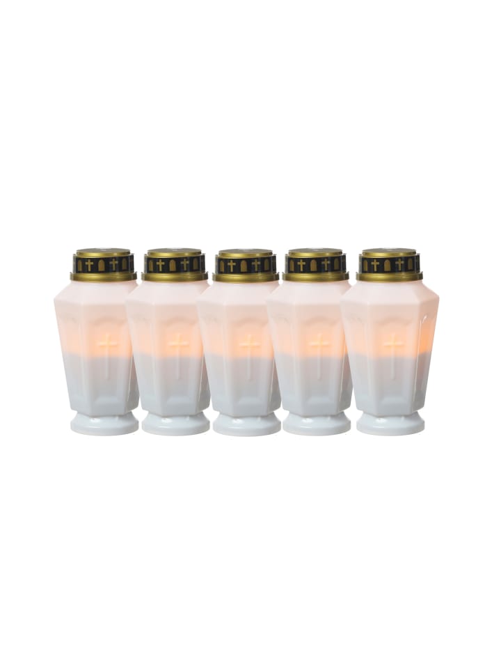 5er Set LED Grablicht Grabkerze flackernd Timer H: 15,5cm in weiß