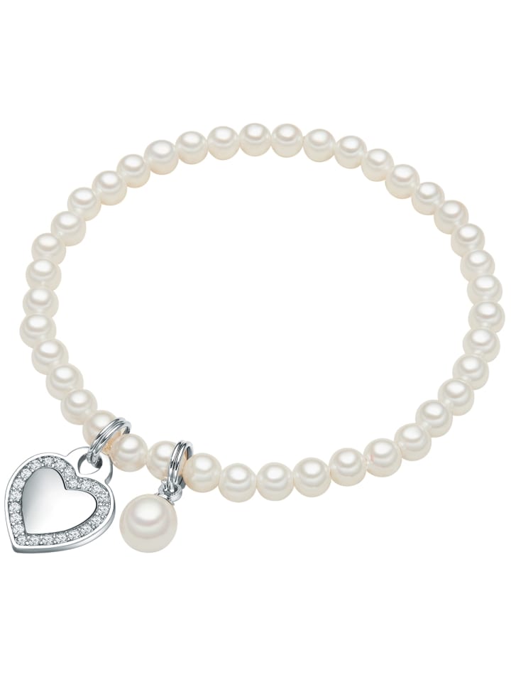 Perlen-Armband Herz aus Messing mit Zirkonia und Muschelkernperle in weiß