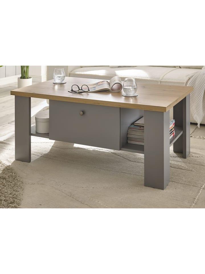 Couchtisch grau, Artisan Eiche Landhaus 107 cm, Beistelltisch mit Schubkästen
