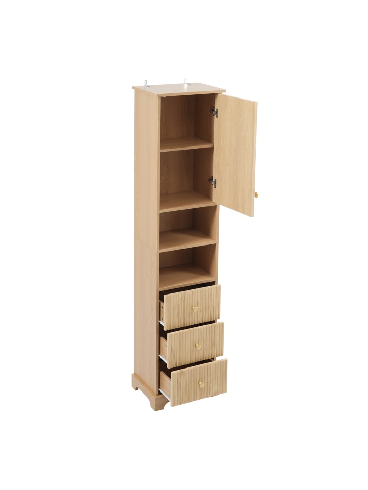Badezimmerschrank in Natur Holz 40x30x172 cm mit 3 Schubladen Regalen
