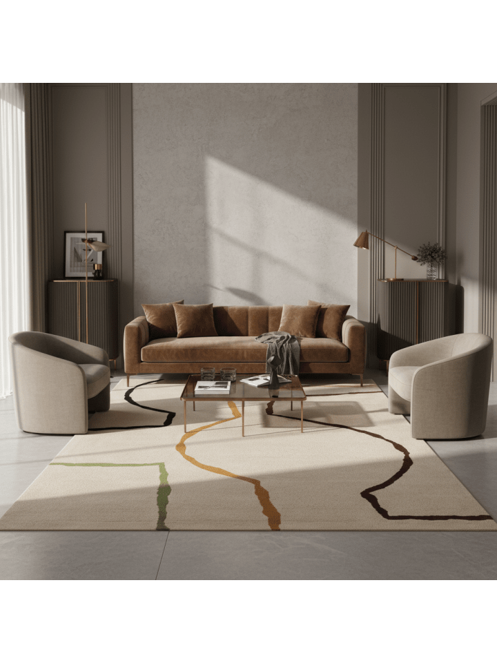 Teppich Wolle Handgetuftet, Abstraktes Linienmuster, Beige Bunt, Weich