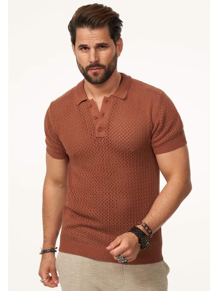 Poloshirt - im luftigen Crochet Summer-Stil Strick Polo-Hemd T-Shirt in Brown