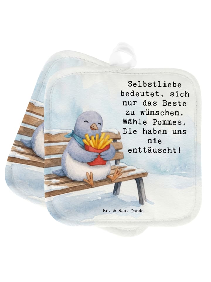 Topflappen Taube Winter Pommes Design mit Spruch in Weiß