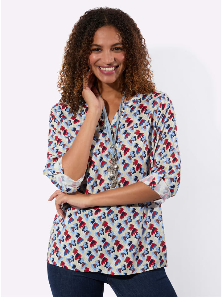 Druckbluse in himmelblau-erdbeere-bedruckt
