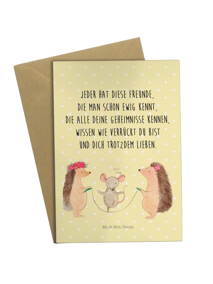Grußkarte Igel Seilhüpfen mit Spruch in Gelb Pastell