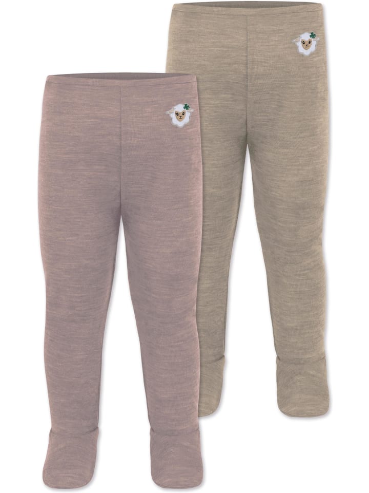 2er Pack Baby Merino Unterhose mit Füßen in Beige/Rosa