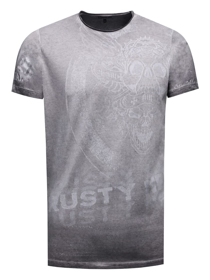 Vintage Biker T-Shirt mit Skull All Over Print, Oil Wash & Raw Edge in Schwarz