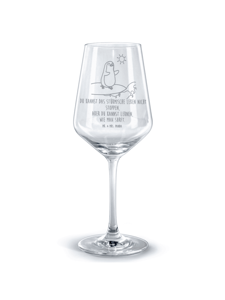 Trinkglas Pinguin Surfer mit Spruch in Transparent