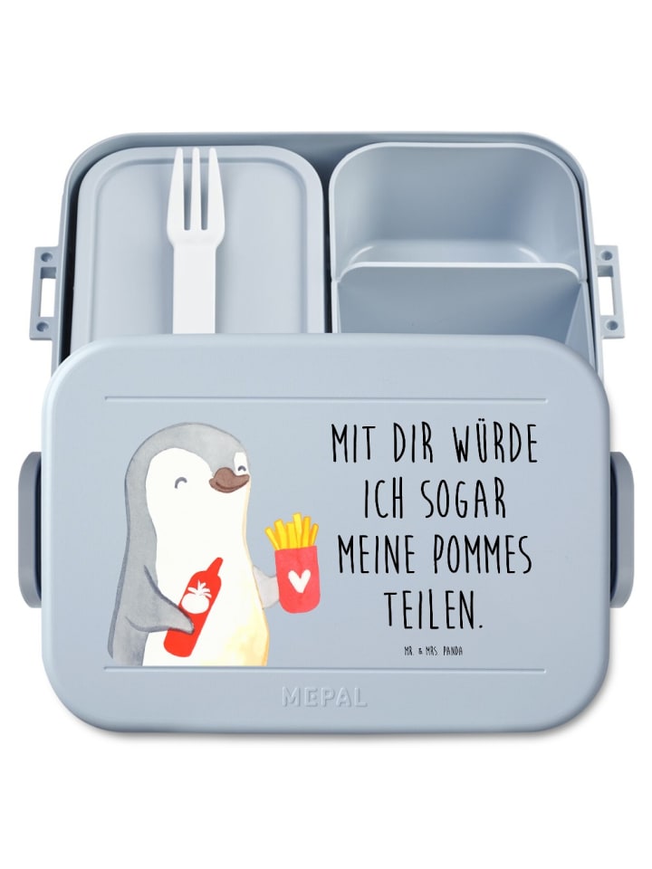 Brotdose Pinguin Pommes Motiv mit Spruch in Blau Pastell