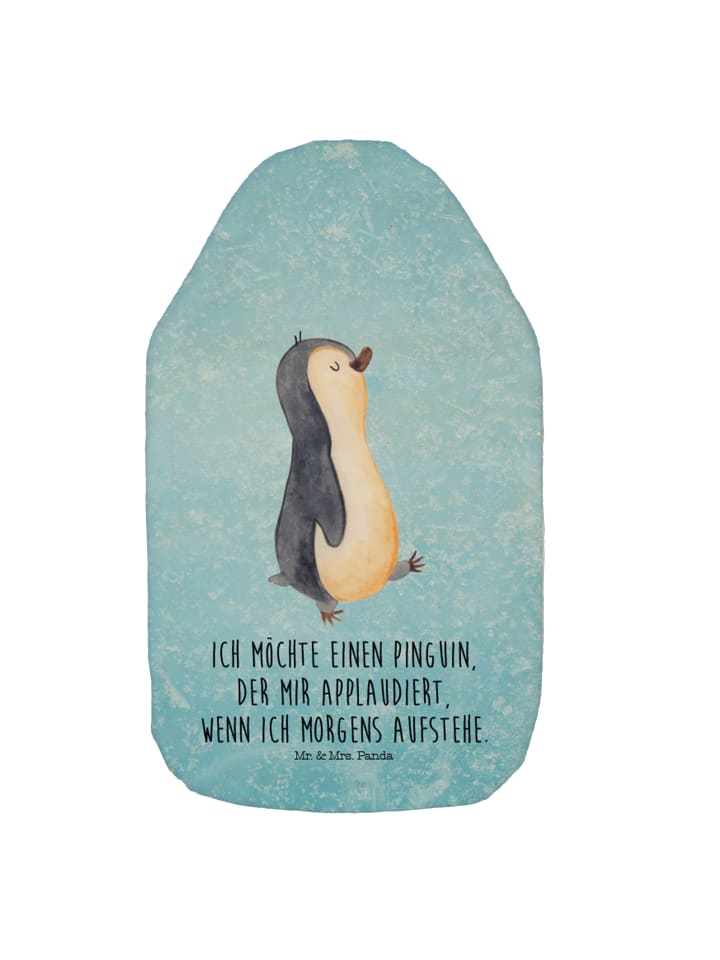 Wärmflasche Pinguin mHerzieren mit Spruch in Eisblau