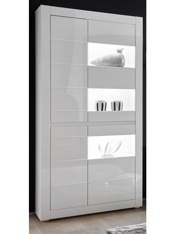 Vitrine Hochglanz weiß, mit weiß / grau, Vitrinenschrank mit Soft-Close