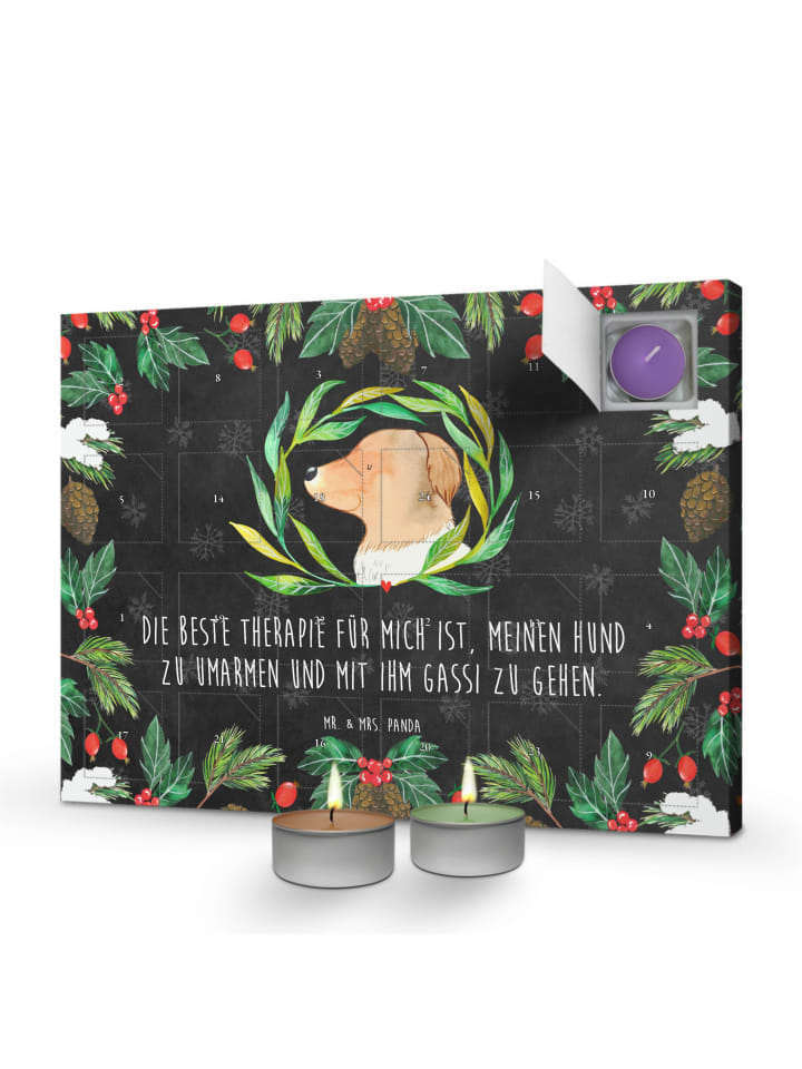 Adventskalender Hund Blumen mit Spruch in Kreidetafel