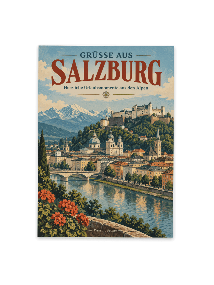 Kunstkarte Stadtbild nostalgisch Design mit Spruch in Weiß