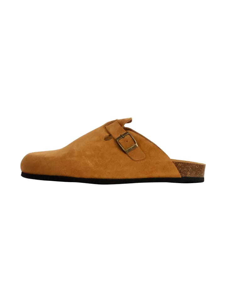 Flache Pantoletten aus Leder Beige