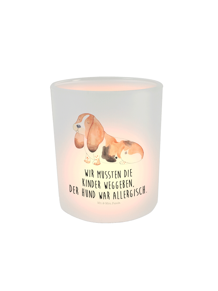 Glas Windlicht Hund Basset Hound mit Spruch in Transparent