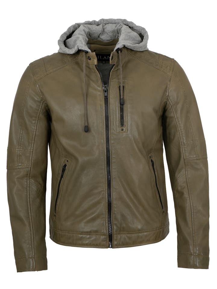 Lederjacke Kapuze Lammnappa in Oliv