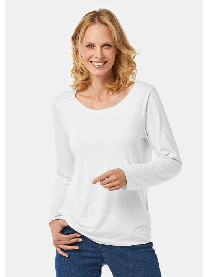 Kurzgröße: Langarmshirt mit tonaler Zierkante in weiß
