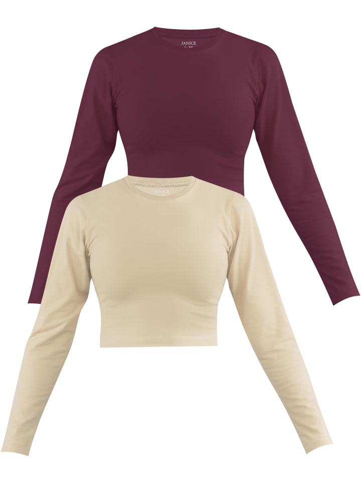 2 x Damen crop Langarmshirt hochgeschlossen Noia in Beige/Burgund