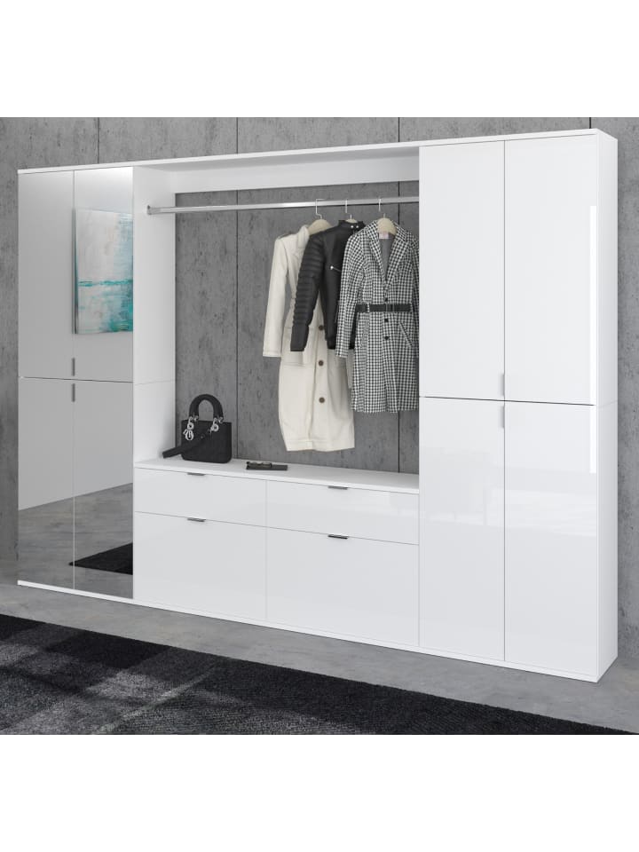 Garderoben-Set weiß Hochglanz 243 cm mit Spiegel, Flurgarderobe