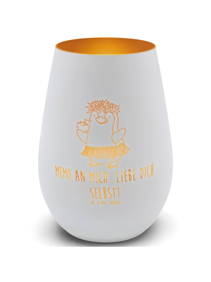 Glas Windlicht Pinguin Kokosnuss mit Spruch in Weiß