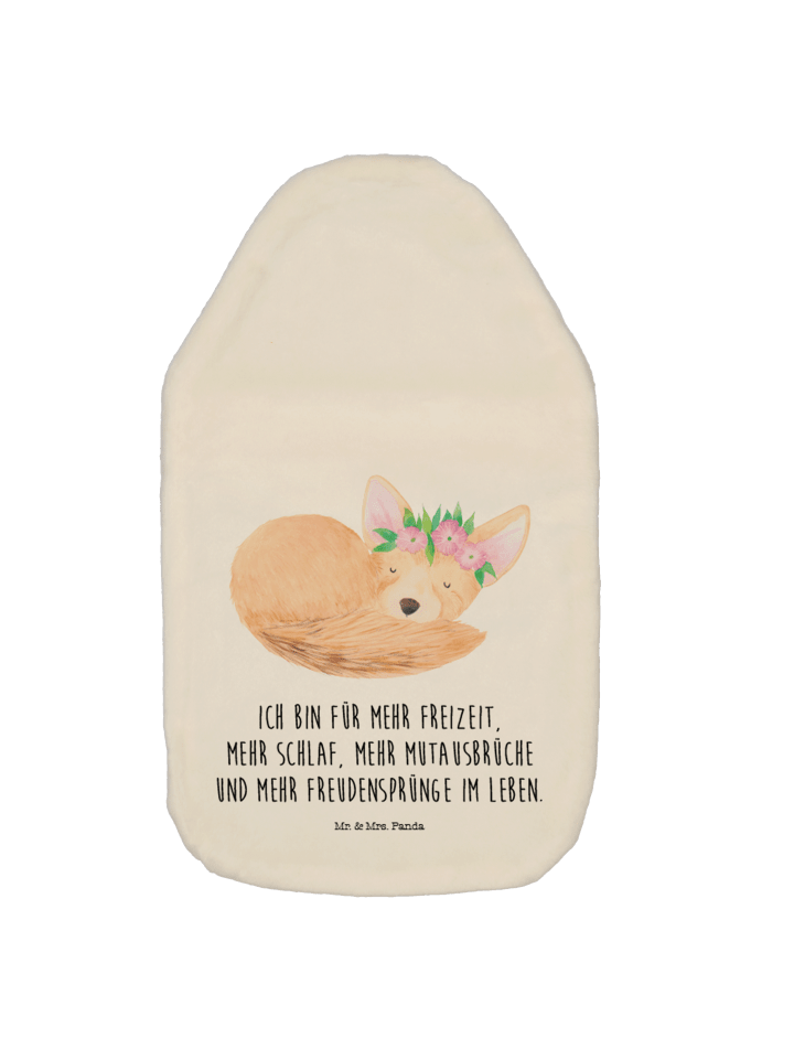Wärmflasche Wüstenfuchs Blumen mit Spruch in Weiß