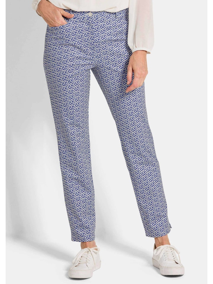 Kurzgröße:  Slim Fit Printhose mit hohem Bund in beige / royalblau / gemustert