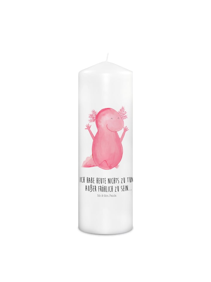 Stumpenkerze Axolotl Hurra mit Spruch in Weiß