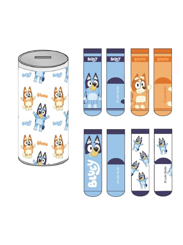 Bluey Socken-Set für Kinder 4er-Pack bunte Kindersocken + Sparschwein in Blau
