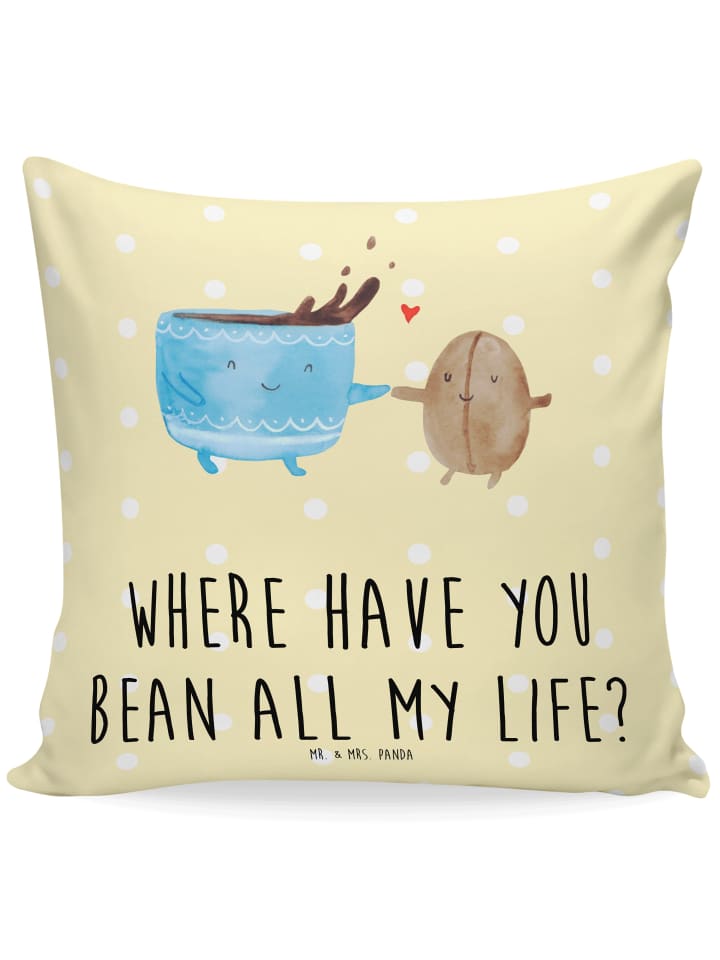 Kissen Kaffee Bohne mit Spruch in Gelb Pastell
