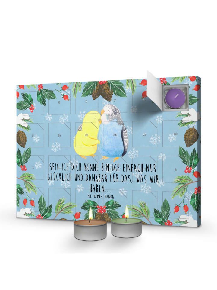 Adventskalender Wellensittich Liebe mit Spruch in Eisblau