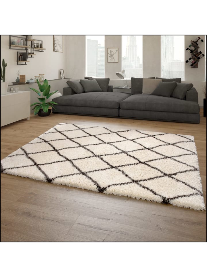 Hochflor Teppich Shaggy Rautenmuster Schlafzimmer schmutzabweisend in Creme