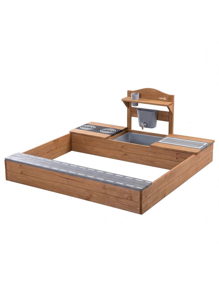 Sandkasten aus Holz mit integrierter Matschküche - FSC®-zertifiziert - Teak