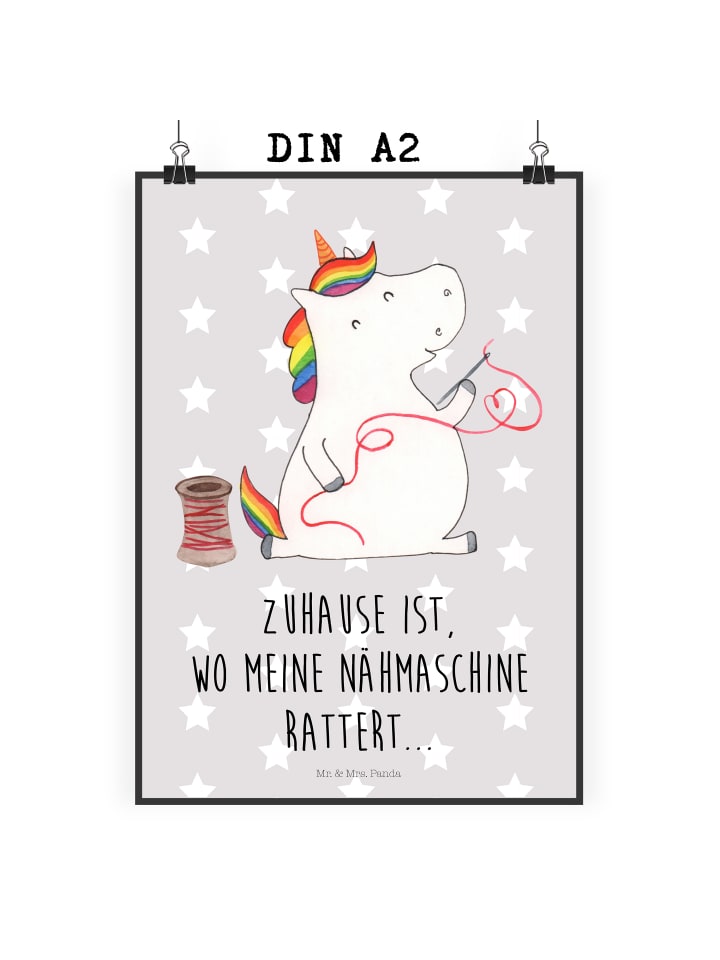 Poster Einhorn Näherin mit Spruch in Grau Pastell