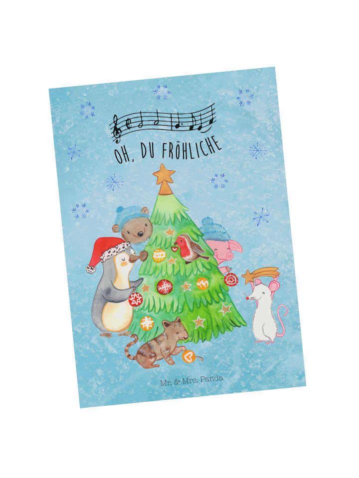 Postkarte Weihnachtsbaum schmücken mit Spruch in Eisblau