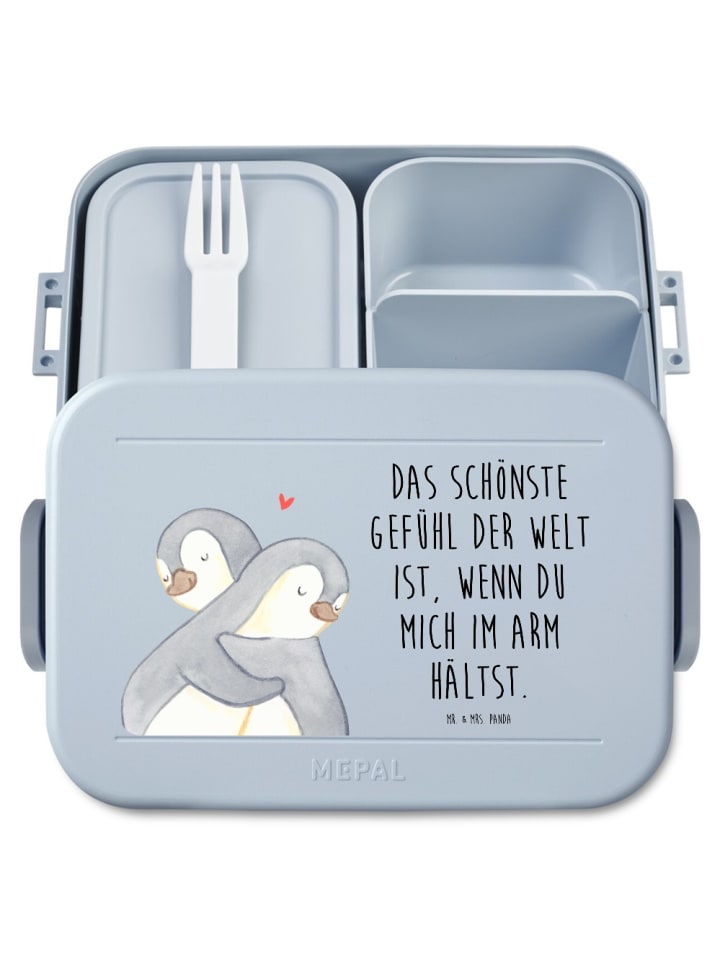 Snackbox Pinguine Kuscheln Motiv mit Spruch in Blau Pastell