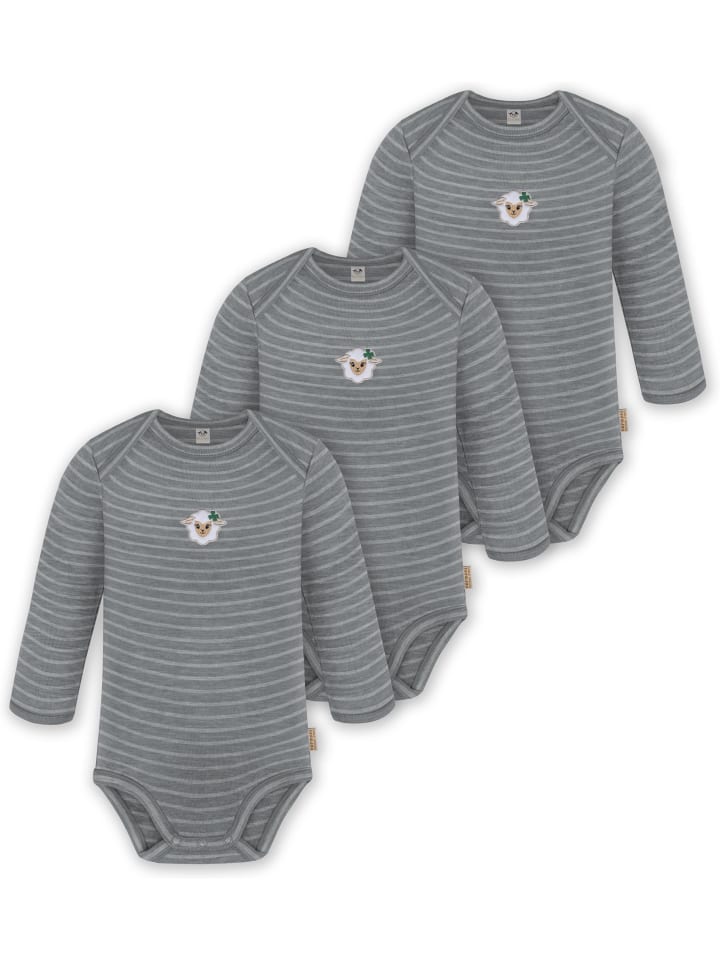 3er Pack Baby Merino Body Langarm Auckland in Grau gestreift