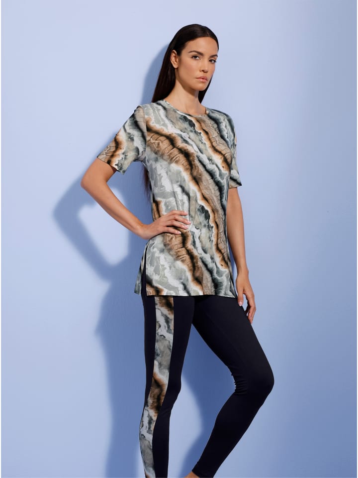 Longshirt in schwarz-camel-bedruckt