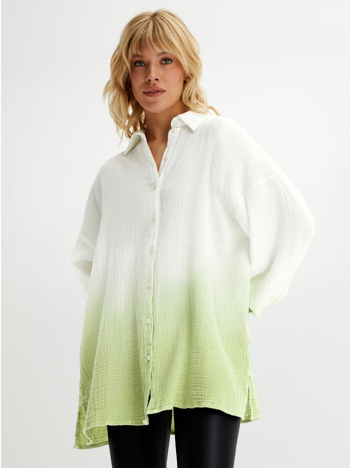 Bluse in ecru-pistazie-gemustert