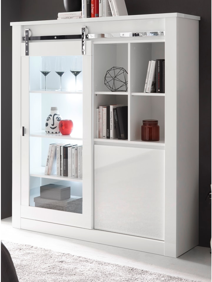 Vitrine weiß Hochglanz 133 x 153 cm, Vitrinenschrank mit Soft-Close