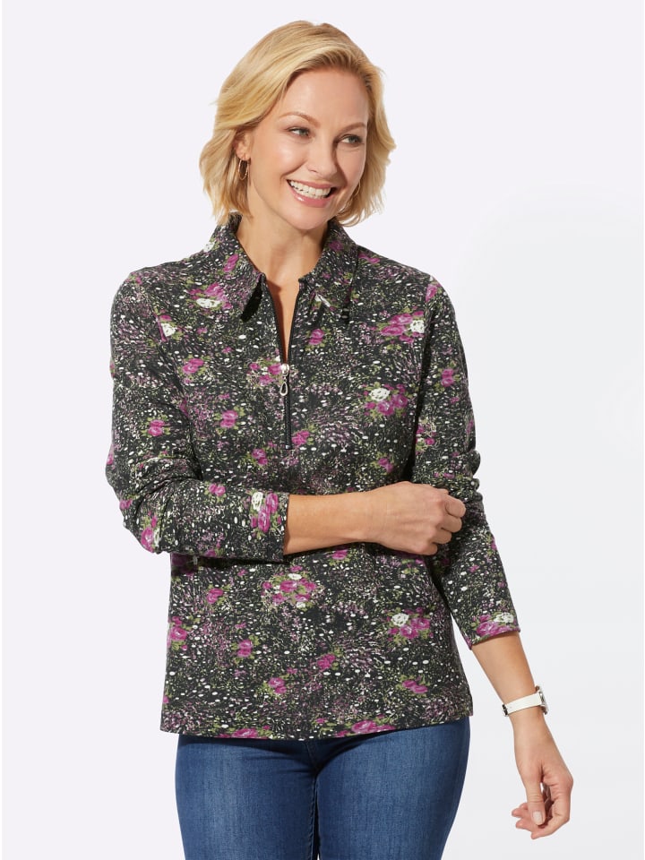 Poloshirt in schwarz-violett-bedruckt