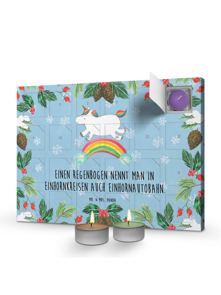 Adventskalender Einhorn Regenbogen mit Spruch in Eisblau