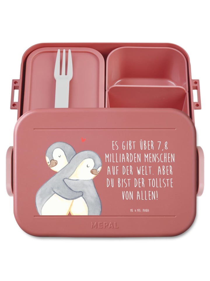Lunchbox Pinguine Kuscheln Motiv mit Spruch in Rot Pastell
