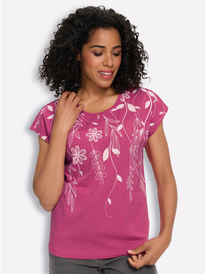 Rundhals-Shirt in fuchsia-hellrosé-bedruckt