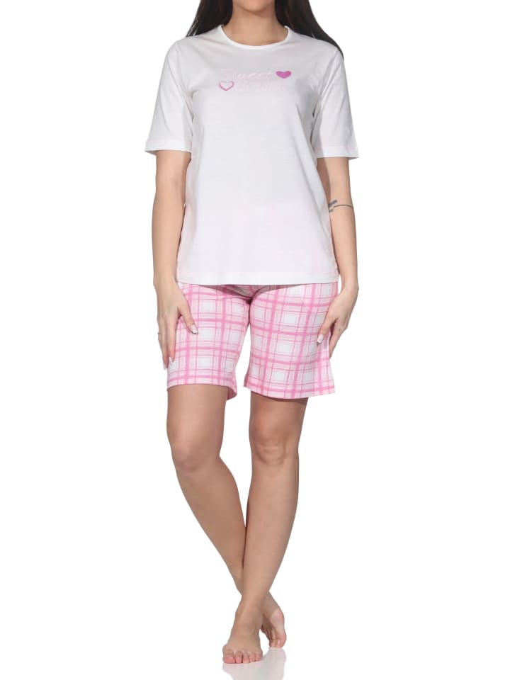 Schlafanzug kurzarm Pyjama Shorty Karohose Jersey Übergrößen in creme