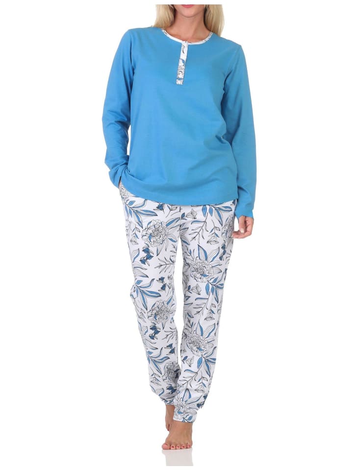 Pyjama Schlafanzug langarm Hose floralem print in blau1