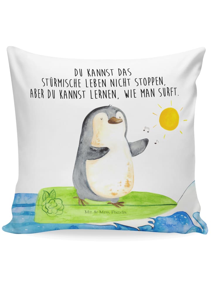Dekokissen Pinguin Surfer mit Spruch in Weiß