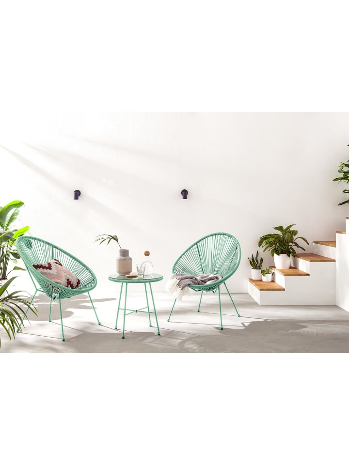 home24 Sitzgruppe 3-teilig - Stahl / Polyrattan / Glas - Mintgrün in Mintgrün